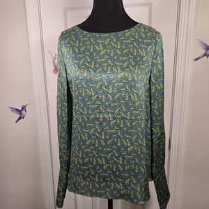 CARESTE 100% Silk Teal Cheetah Print Boat Neck Blouse Top M